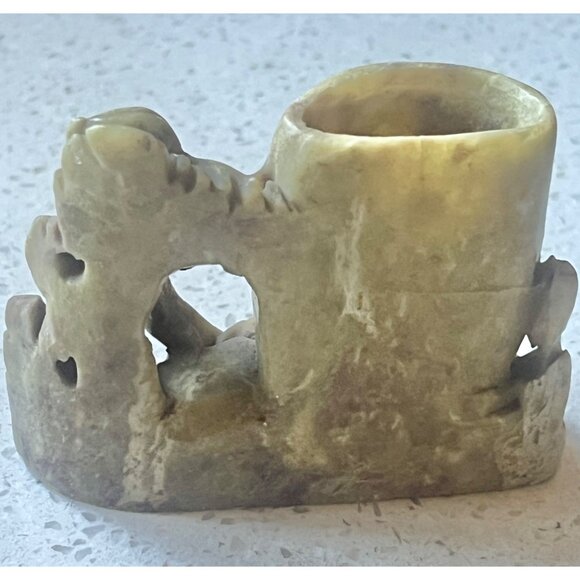 Antique Carved Soapstone Brush Pot Intricate Floral & Nature Design 2.25” T Gift - Picture 4 of 9